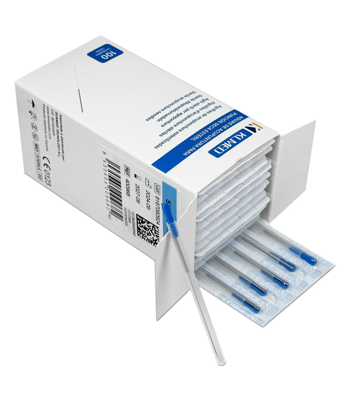 aguja acupuntura cabeza azul abierta