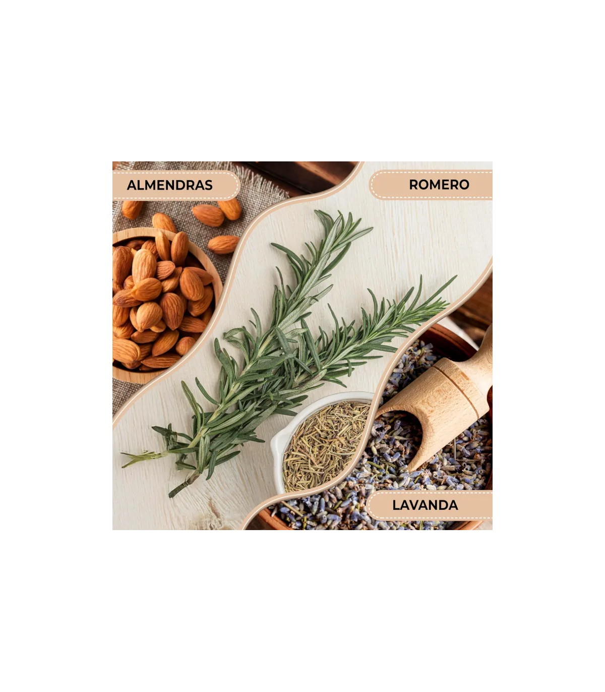 almendra, romero , lavanda